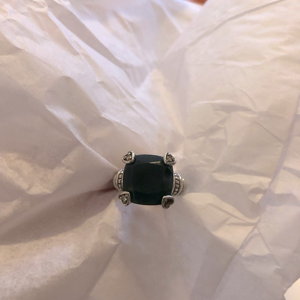 Judith Ripka Sterling Silver 18k Gold Dark Green Cushion Ring Size 7